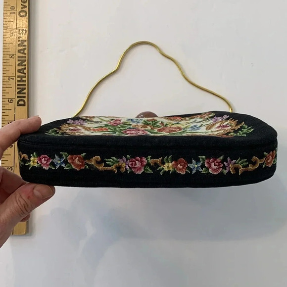 Vintage Floral Petit Point Rose Quartz Gold Filigree Embroidered Black Handbag - Picture 12 of 16